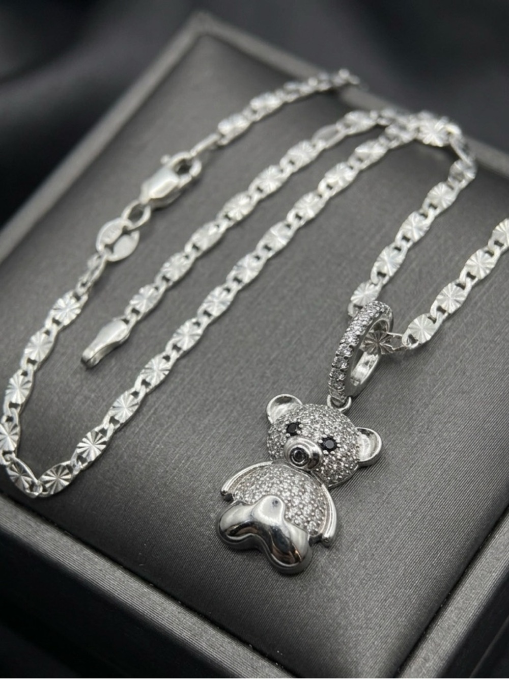 Sterling Silver Teddy Bear Pendant Necklace - 16" Valentino Links